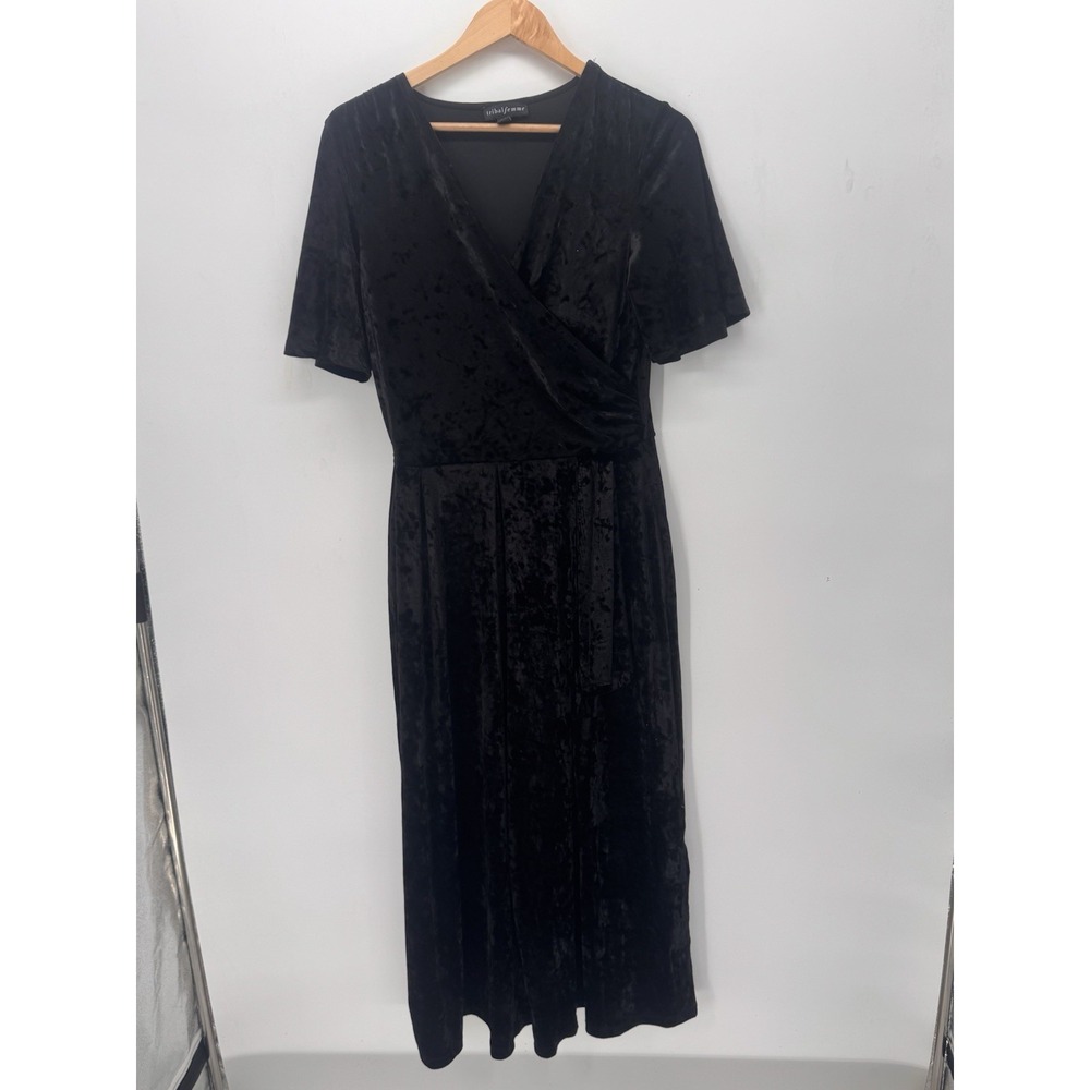 Tribal Femme Black Crushed Velvet Wrap Jumpsuit Women's M Versatile Wide Leg
